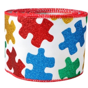 Autism awareness glitter Wired Ribbon 2.5" wired ribbon puzzle wired ribbon Wreath and bow ribbon Ships Free