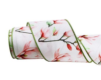 Pink Magnolia Floral Wired Ribbon - 2" Spring Decor, 5 Yard Roll