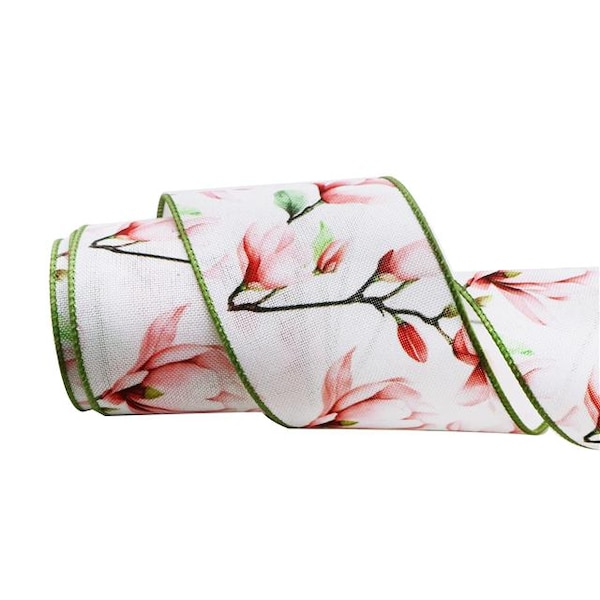 Pink Magnolia Floral Wired Ribbon - 2" Spring Decor, 5 Yard Roll