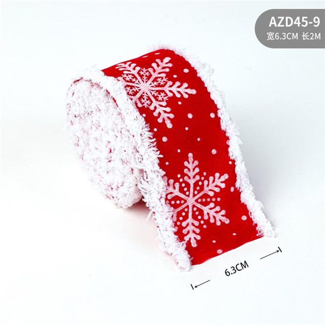 White Red Ruffle Ribbon Snowflake Christmas Ribbon, Red & White Fluffy Edge, 2.5