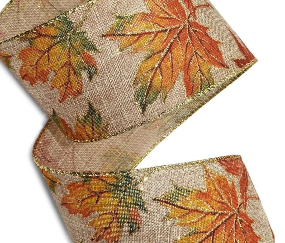 Fall Leaf Wired Ribbon, Copper & Gold Edge, 2.5