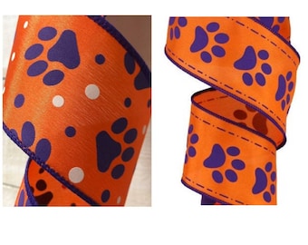 Paw Print Wired Ribbon: Purple, Orange, and White Polka Dot - 4 Yard Lot
