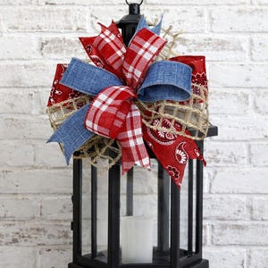 Summer Bow, Farmhouse Bow, Denim Bow, Red Bow, Burlap Bow, Farmhouse Wreath, Barnyard Bow, Wreath Embellishment, Lantern Bow, Indoor Bow