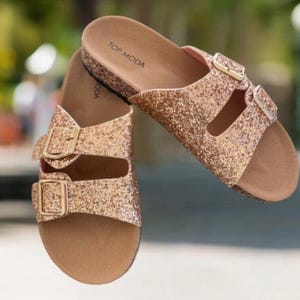 Birkenstock Inspired sandal/summer shoes/rose gold sandals/buckle sandals/Glitter Sandal/Rose Gold Glitter/Birkenstock style shoes/