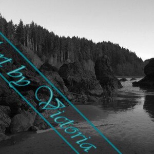 May include: A black and white photograph of a rocky shoreline with a forest in the background. The water is calm and reflects the sky. The image is watermarked with the text "Art by Victoria".