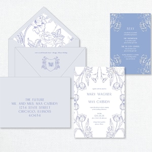 Invitación de boda floral azul, invitación de boda chinoiserie, invitación de boda de arte lineal, invitación de boda barroca, boda azul y blanca