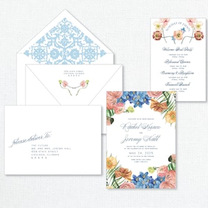 Bright Floral Wedding Invitation, Destination wedding invitation, Mexico wedding invitation, wax seal wedding invitation