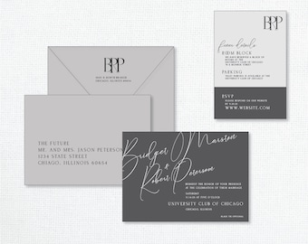 May include: A gray and white wedding invitation suite with the names "Bridget & Robert Peterson" in elegant script. The invitation includes details about the wedding ceremony and reception at the University Club of Chicago. The RSVP information includes a website address.