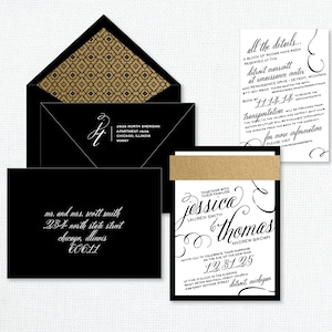 New Years Eve Wedding Invitation Suite, black and gold wedding invitation, NYE wedding, Vintage wedding invitation