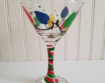 Hand painted martini glass Christmas martini glass christmas lights painted on wine glass custom wine glass Christmas glasses custom martini