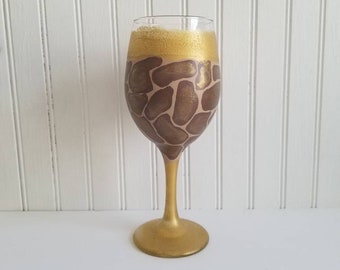 Wine glass hand painted giraffe print wine glass painted wine glass animal print glass custom painted safari theme party giraffe gift