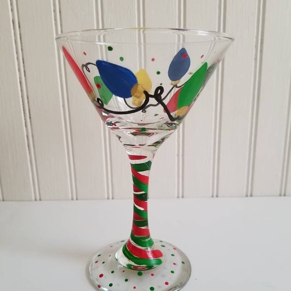 Hand painted martini glass Christmas martini glass christmas lights painted on wine glass custom wine glass Christmas glasses custom martini