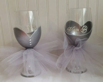 Wedding glasses hand painted wine glass with tutu  skirt wedding party glasses bridal shower bridesmaid bachelorette gift tulle skirt silver