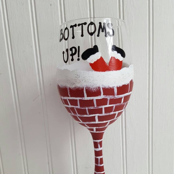 Hand painted wine glass Christmas wine glass santa bottoms up painted on wine glass custom wine glass santa wine glass christmas gift