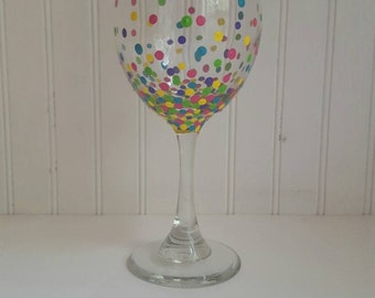 Wine glass hand painted confetti polka dots painted on wine glass fun wine glass birthday gift wedding glass confetti glass birthday glass