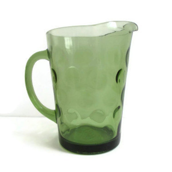 Vintage green pitcher polka dot thumbprint pitcher retro pitcher green glass pitcher olive glass pitcher