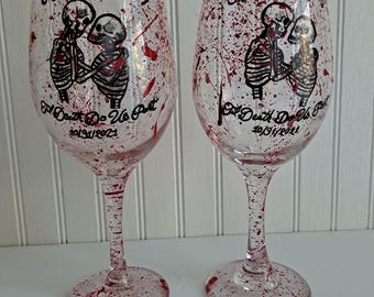 Halloween wedding glasses skeleton  glasses til death do us part hand painted wine glasses halloween decoration bride and groom bridal party