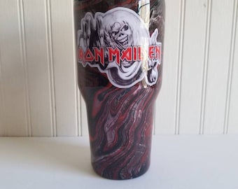 Iron maiden tumbler hydro dipped stainless steel tumbler handmade hydro dip iron maiden heavy metal band custom tumbler red black