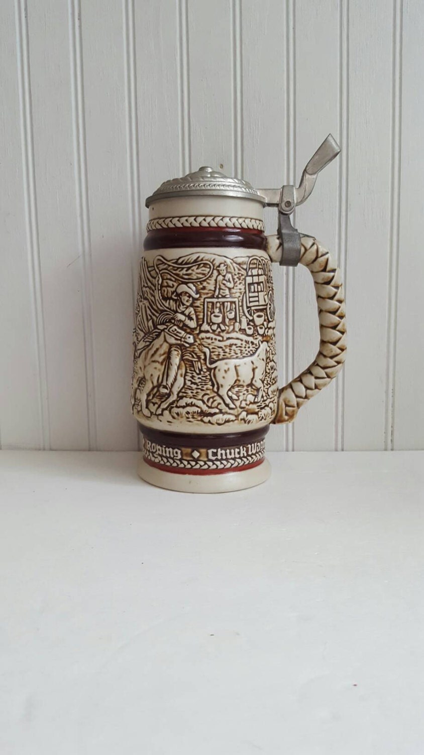 Avon Beer Stein Cattle Drive Stein with Hinged Pewter Lid Etsy