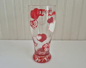 Valentine pilsners hand painted red and white hearts painted glass valentine gift wedding glasses custom order *ONE glass* anniversary glass