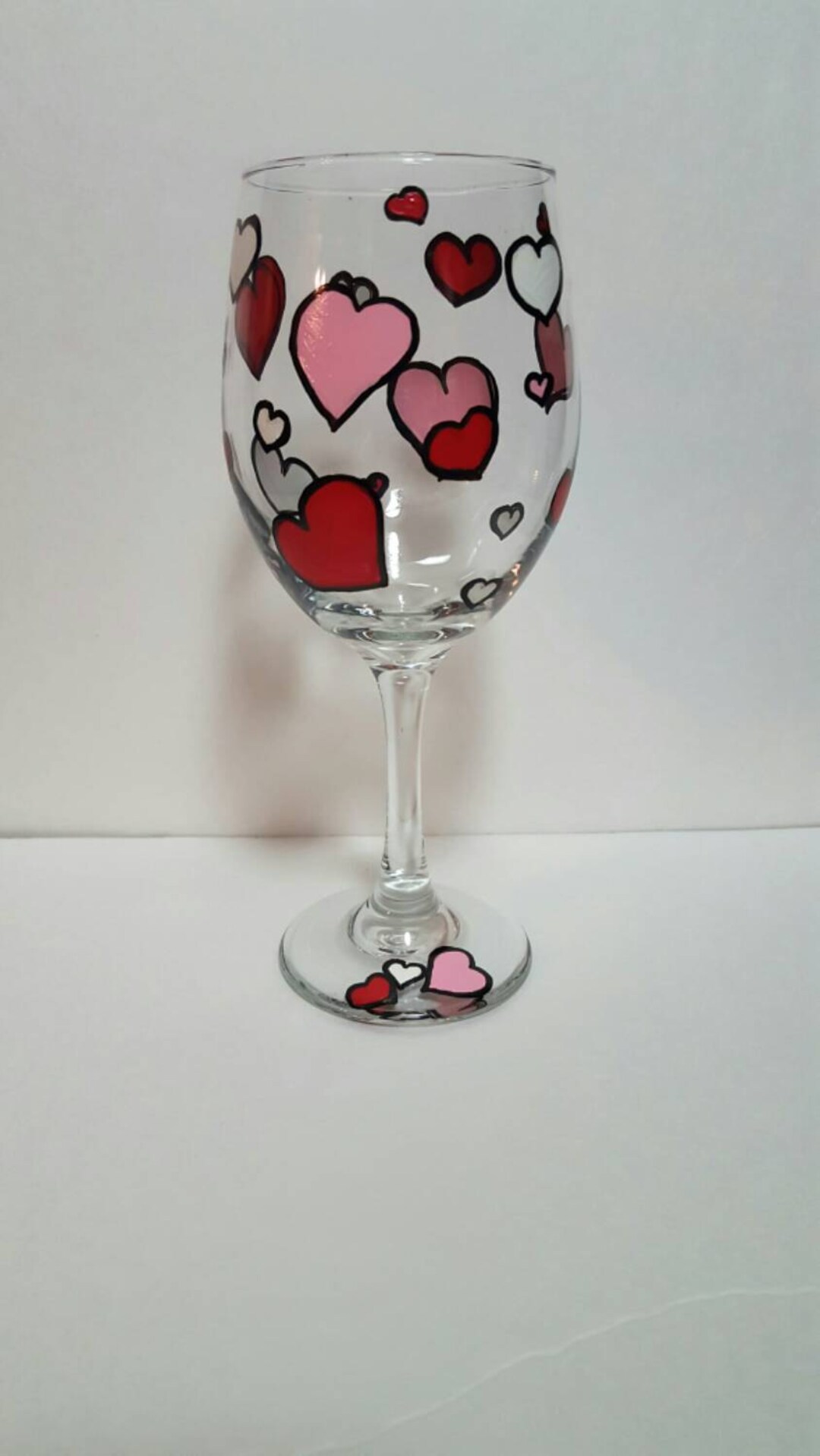 Hand Painted Wine Glasses Red Pink and White Hearts Painted Confetti