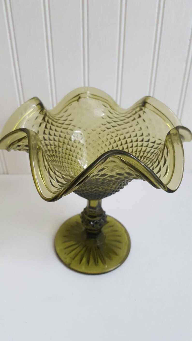 Vintage Green Glass Pedestal Bowl Fenton Green Glass Ruffled Etsy