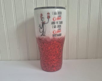 Glitter tumbler cat in the hat dr Seuss inspired I will drink Diet coke stainless steel custom made tumbler handmade tumbler red glitter