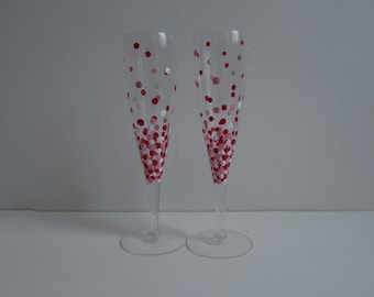 Hand painted champagne glasses valentine champagne glass polka dot confetti set of two valentine gift champagne flutes custom wine glass