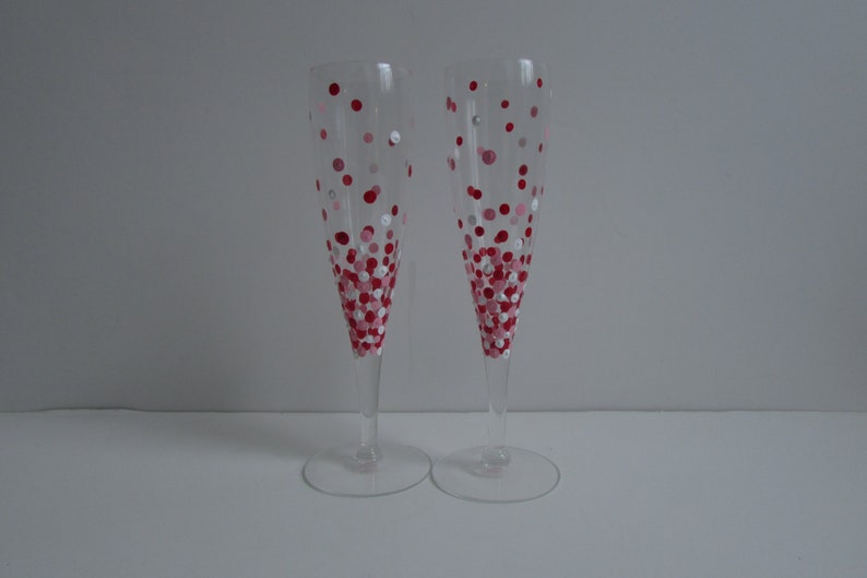 Hand painted champagne glasses valentine champagne glass polka dot confetti set of two valentine gift champagne flutes custom wine glass image 1