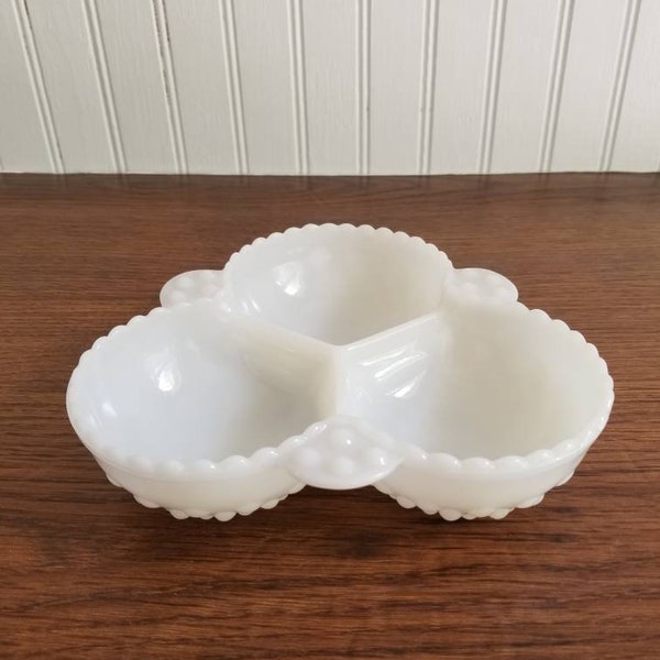 Milk glass divided dish wedding decoration vintage dish farmhouse decor cottage decor antique bowl white glass rustic wedding hobnail bowl