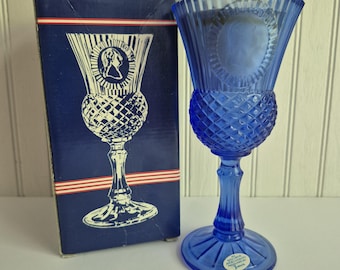 Vintage Avon 1976 bicentennial Washingron goblet blue glass fostoria goblet with floral medley candle patriotic decoration