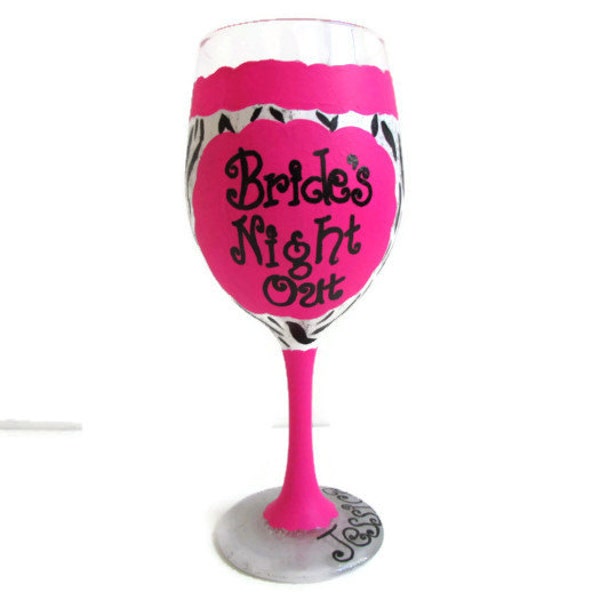 Hand painted wine glass zebra print wine glass bachelorette glass bridesmaid gift bride to be bridal shower custom glass brides night out