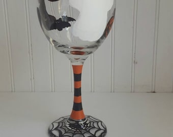 Halloween wine glass hand painted glass custom glassware halloween party Halloween wedding ghosts bats jack o lantern spiderweb witches hat