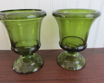 Vintage green vase set olive green retro pedestal vase set Indiana Glass footed vase green goblet pedestal dish farmhouse avocado green vase