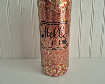 Fall tumbler handmade glitter tumbler fall leaf tumbler autumn tumbler hello fall tumbler leaf glitter orange tumbler