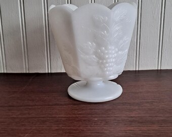 Vintage milk glass planter vase pedestal vase grape harvest EO Brody vintage wedding decor scalloped edge octagon farmhouse decor grapevine