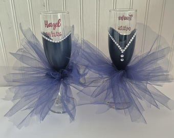 Wedding flutes hand painted glass with tutu skirt wedding party bridal shower bridesmaid gifts tulle skirt tutu champagne flute custom made