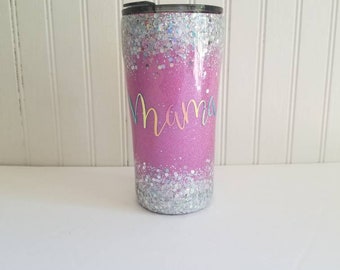 Glitter tumbler mama tumbler stainless steel custom made glitter dipped handmade travel mug gift for mom glitter cup personalized mug