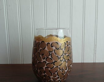 Cheetah print stemless wine glass hand painted cheetah print stemless glass leopard print glass animal print glass custom painted glass