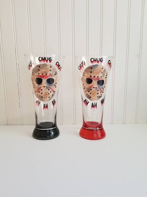 Halloween wedding glasses friday the 13th handpainted glasses Jason halloween pilsner mug halloween decoration bride and groom bridal party
