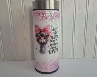 Funny Ostrich Skinny Can Cooler – Glitter Epoxy Tumbler – Slim Can Holder – Handmade Gift for Her – Humorous Drinkware – 12oz can koozie