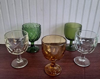 Vintage glass goblets olive green goblet amber yellow goblet thumbprint large wine glasses boho chalice quilted glass clear glass goblet