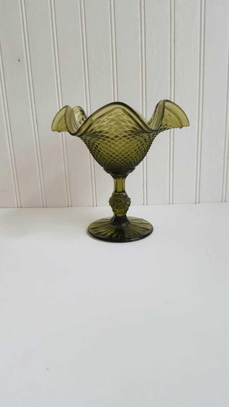 Vintage Green Glass Pedestal Bowl Fenton Green Glass Ruffled Etsy
