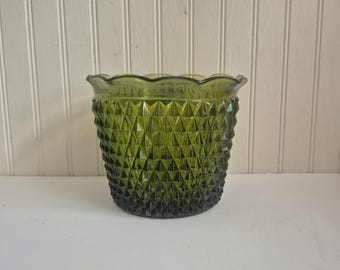 Vintage green glass ice bucket olive green planter vintage avacacado green pressed diamond pattern indiana glass scalloped edge mid century