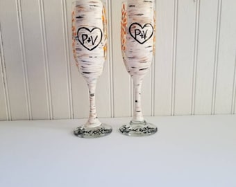 Hand painted white birch champagne flutes toasting flutes white birch painted champagne glass rustic wedding fall wedding custom painted