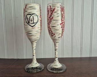 White birch champagne flutes hand painted toasting flutes white birch tree champagne rustic wedding fall wedding glasses custom painted