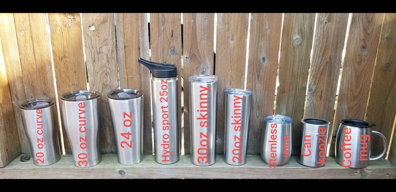 May include: A collection of stainless steel tumblers in various sizes, including 20 oz, 30 oz, 24 oz, 30 oz skinny, 20 oz skinny, and a 25 oz hydro sport bottle. There is also a stemless wine glass, a can koozie, and a coffee mug.