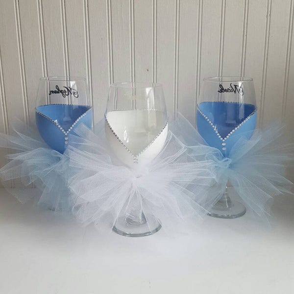 Wedding glasses hand painted wine glass with blue tutu skirt wedding party glasses bridal shower bridesmaid bachelorette gift tulle skirt