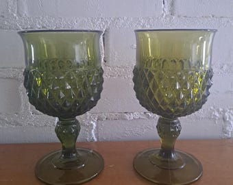Vintage green glass goblets olive green goblet vintage wine glasses boho chalice quilted pressed diamond indiana glass water goblet set