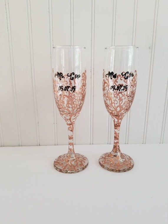 Champagne Glasses Hand Painted Rose Gold Champagne Flutes Rose Etsy